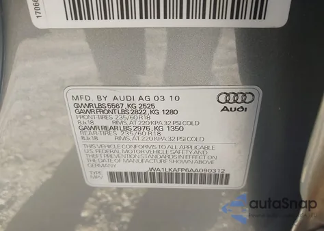 2010 Audi Q5 3.2 Premium from USA, damaged, VIN WA1LKAFP6AA090312